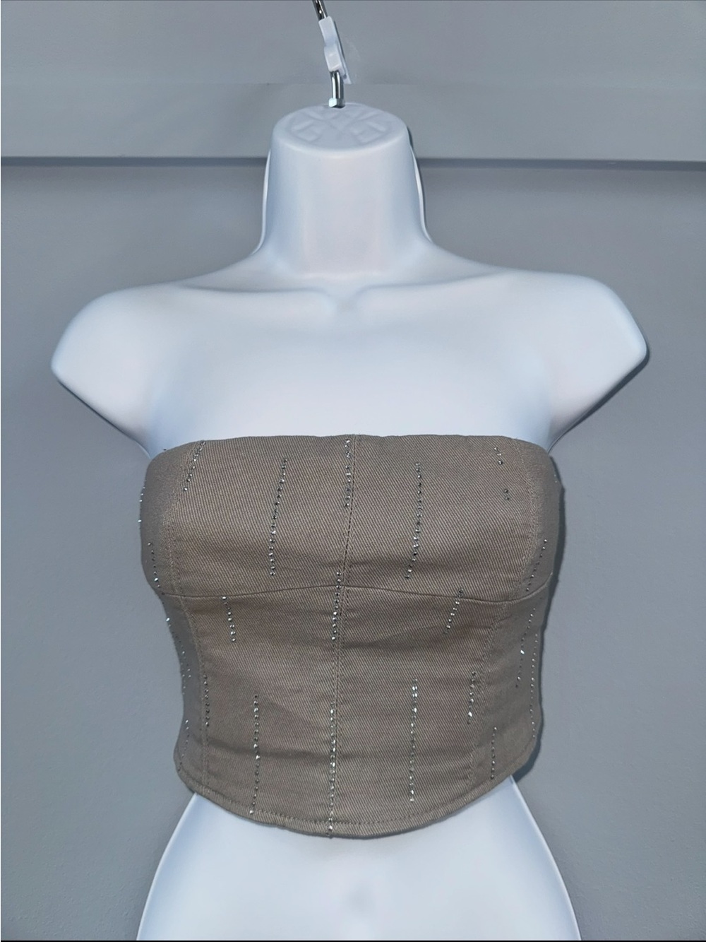 Warm Grey Strapless Rhinestone Bustier Top